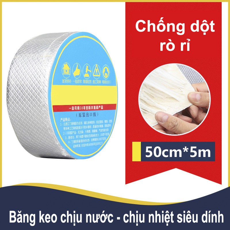 Băng Keo Chống Dột Màng Nhôm, Vá Rò rỉ ống nước, tường nứt, Siêu Cực Dính, Cuộn To dài 5 mét