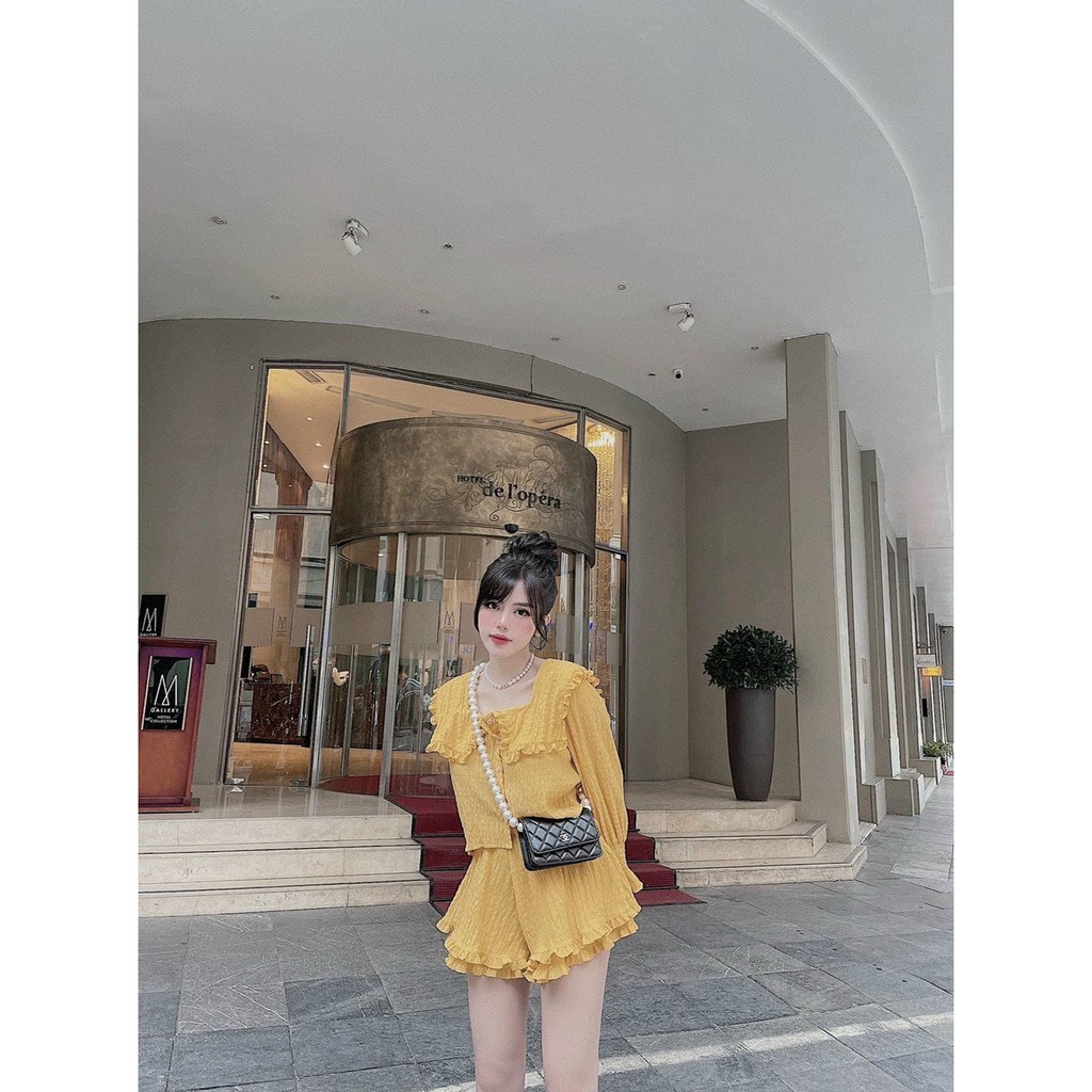 sét bộ bèo áo tay dài cổ vuông cài nút phối quần đùi ống rộng hai tầng bèo mẫu mới siêu hot nha khách TH059