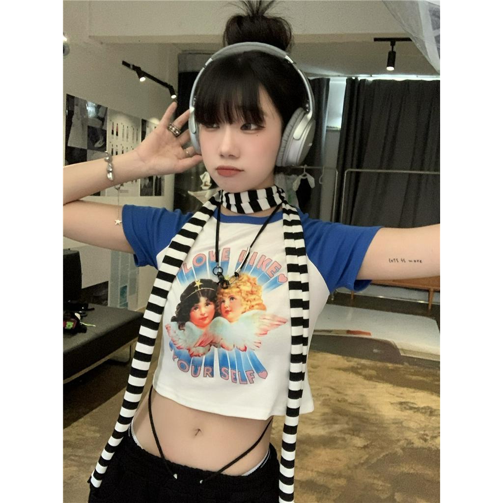 Áo Thun Dáng Ôm Ngắn Tay In Thiên Thần Màu Sắc Tương Phản Thời Trang Cá Tính 62810