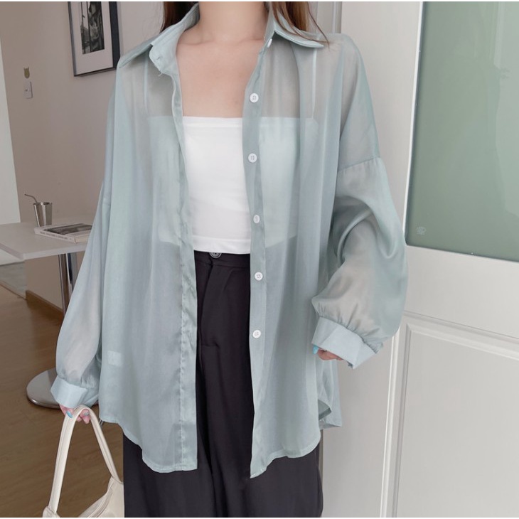 Áo Sơ Mi Chiffon Mỏng Xuyên Thấu Đính Ngọc Trai Thiết Kế Mới Thời Trang Mùa Hè Cho Nữ