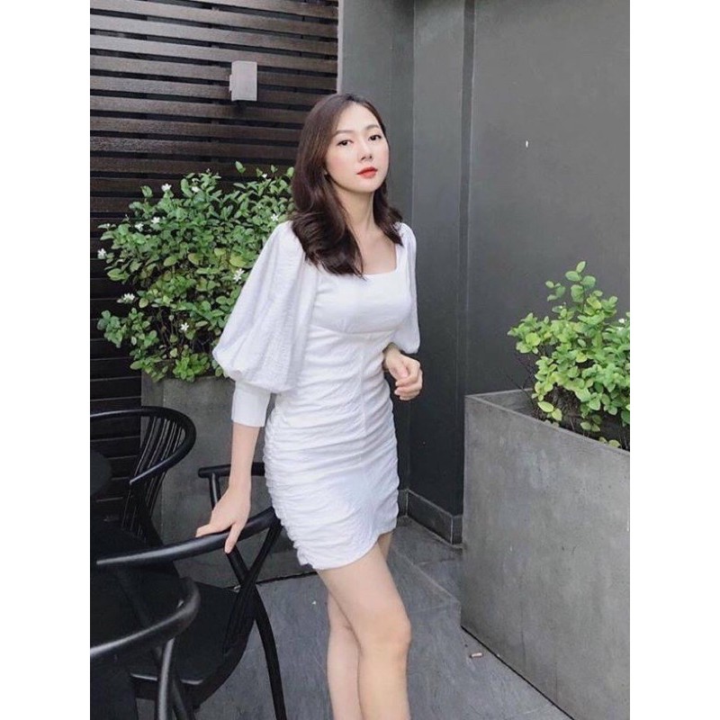 Đầm trắng cổ vuông tay phồng dáng ôm chất liệu đũi cao cấp 100% hàng giống mẫu - MN113 | BigBuy360 - bigbuy360.vn