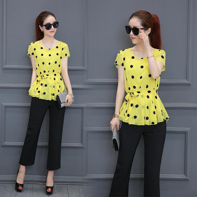 Áo Chiffon Plus Size Cổ Tròn Tay Ngắn Họa Tiết Chấm Bi Thời Trang Mùa Hè Cho Nữ