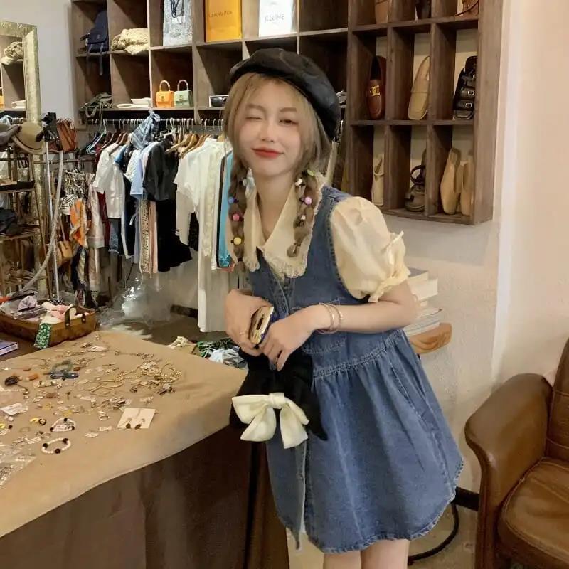 Váy Denim Ngắn Cổ Chữ v Không Tay Kiểu Mới