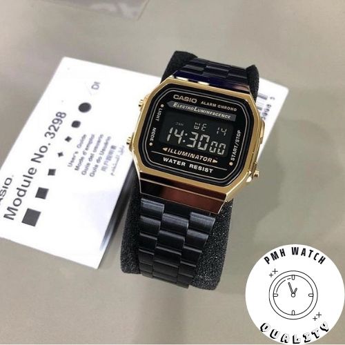 Đồng hồ đeo tay nam , đồng hồ unisex thể thao A168 màu đen vàng cổ điển kích thước 38×36×9mm | BigBuy360 - bigbuy360.vn