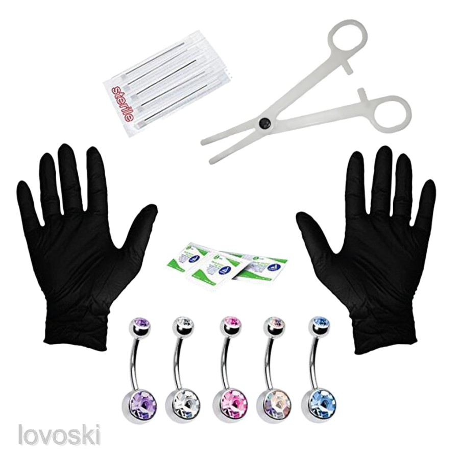 Bộ 15 Kim Xỏ Khuyên Rốn / Găng Tay / Rốn Đính Đá CZ 14G