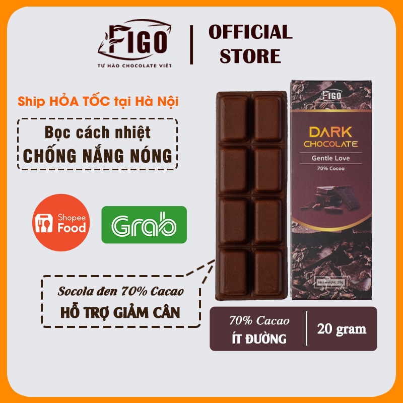 [Bar 20gr] Dark Chocolate 70% Cacao FIGO, Kẹo Socola đen đắng 70% Cacao, Vị đắng vừa, Ăn Giảm cân, Giảm stress