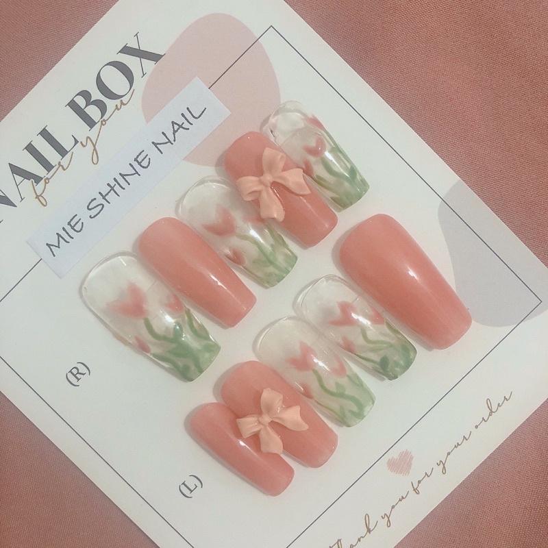 Nailbox móng up màu hồng hoạ tiết hoa tulip Mie shine