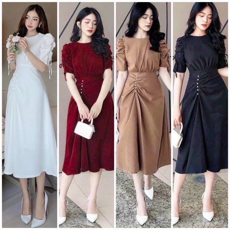 Đầm váy đi tiệc tay rút nút trắng 4 màu