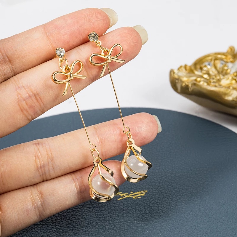 Bông tai bạc 925 dáng dài đính đá Opal Hàn Quốc đơn giản nữ tính