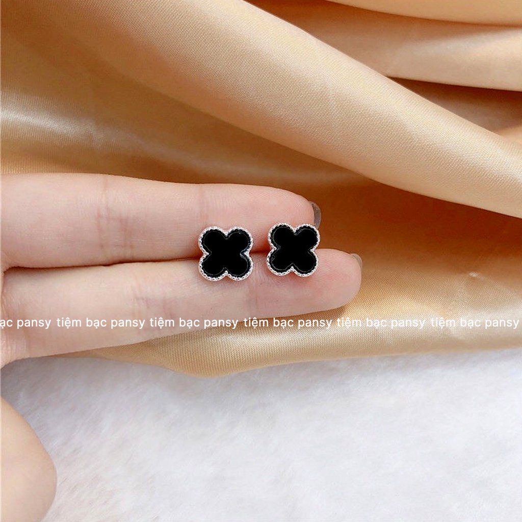 Bông tai bạc nữ PANSY kiểu dáng cỏ 4 lá may mắn sơn đen - Khuyên tai bạc ta cao cấp