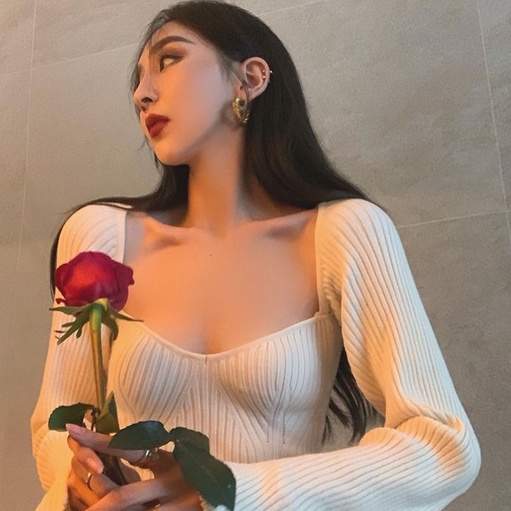 [AdorablexBeautiful] Áo Len Dệt Tay Dài Cổ Vuông Freesize Nữ Tính Dễ Thương Form Croptop 3 Màu Phong Cách Hàn Quốc
