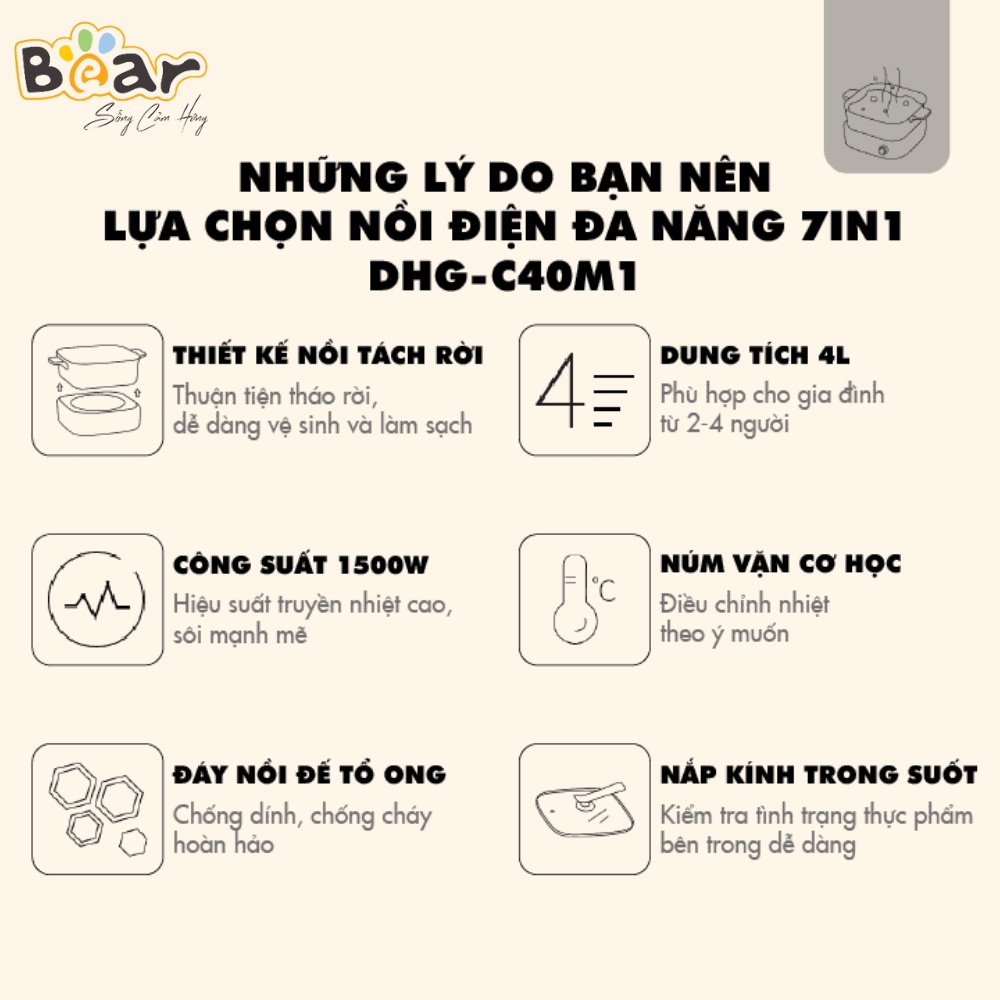 Nồi Bếp Lẩu Nướng Điện Mini Bear DGH-C40M1 Đa Năng 4L 7 Trong 1, Sử Dụng Cho 5 Người, Tiện Lợi, Dễ Vệ Sinh, BH 12 Tháng