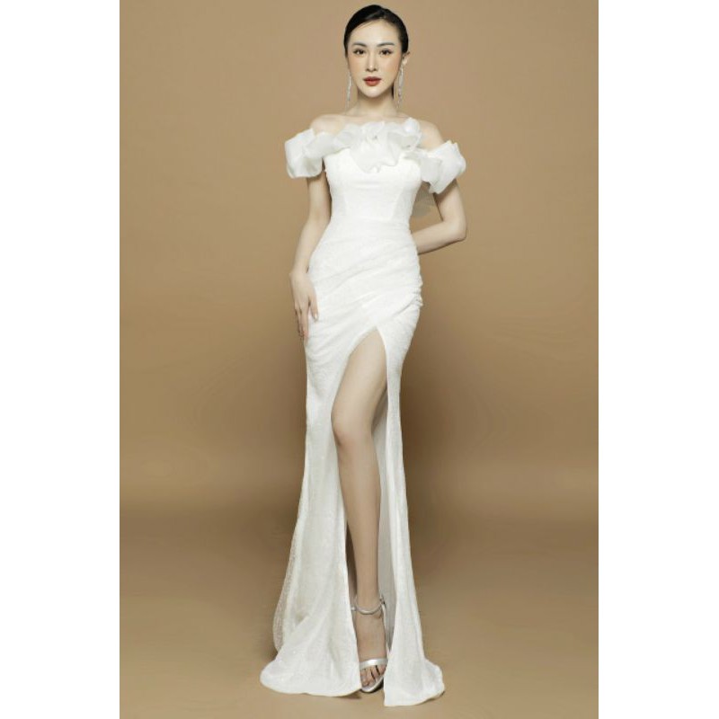 Đầm dạ hội kim tuyến trễ vai voan kiếng cao cấp tặng hoa tai