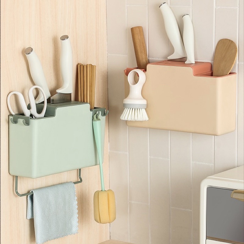 Kệ đựng muỗng đũa dán tường nhà bếp thông minh mẫu mới siêu xịn có ngăn vắt dao, thanh treo khăn, kèm móc treo phụ kiện