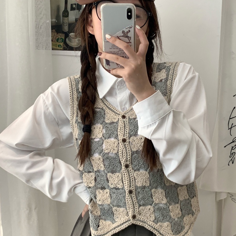 Áo khoác cardigan không tay cổ chữ V kẻ sọc caro dành cho nữ