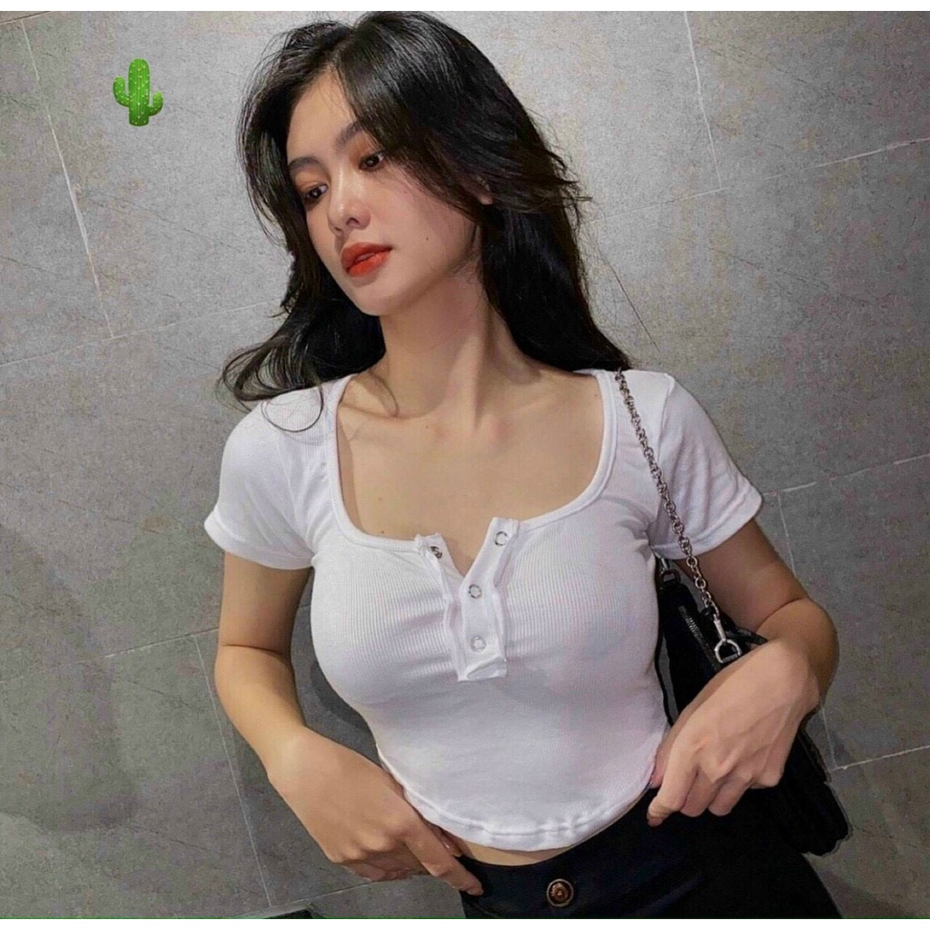 Áo kiểu croptop cổ vuông nút bấm vạt bầu cực xinh , chất thun bozip mềm mịn