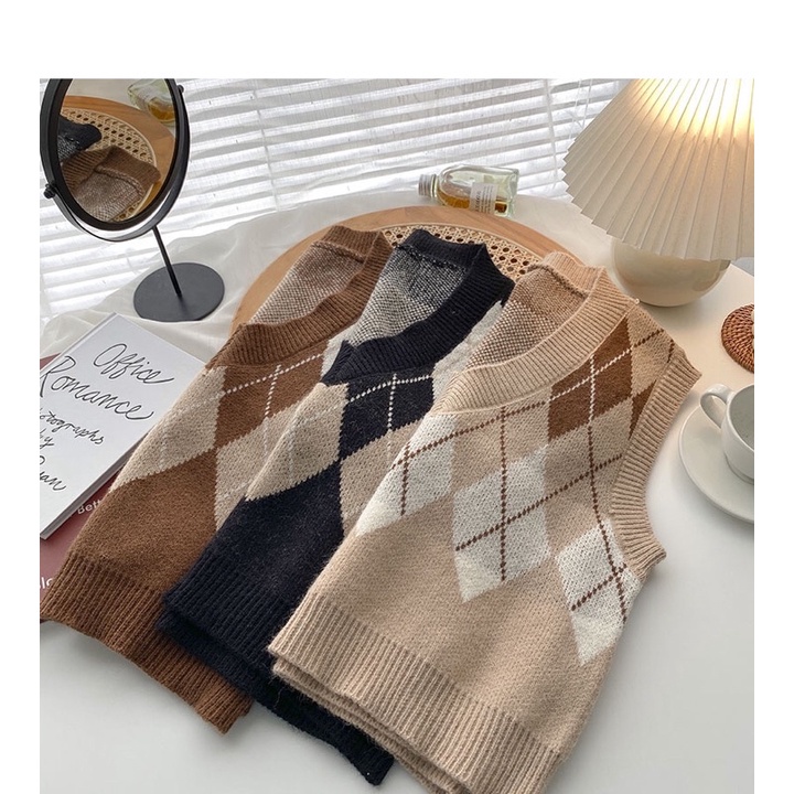 Áo vest gile len dày mịn nâu be phong cách retro, ulzzang hàn quốc