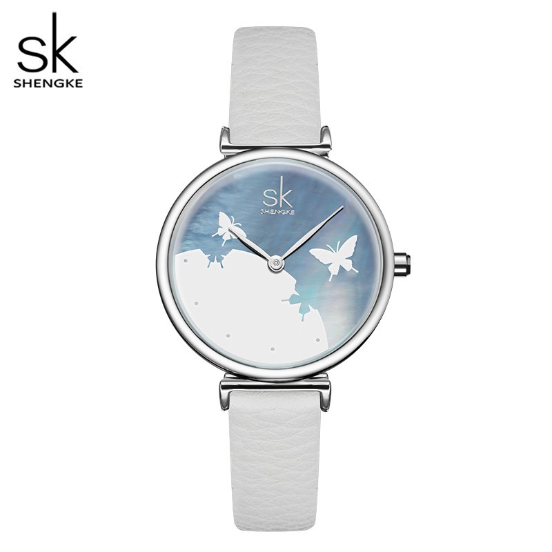 Đồng hồ đeo tay Shengke kết cấu thạch anh chống thấm nước dây đen màu xanh thời trang sang trọng cho nữ