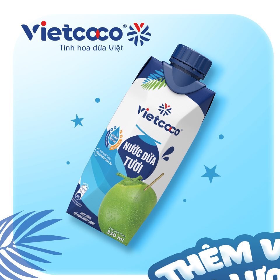 Nước Dừa Tươi VIETCOCO 100% Nguyên Chất, Thanh Nhiệt Mùa Hè, Cải Thiện Tim Mạch, Tăng Miễn Dịch, Hộp 330ml