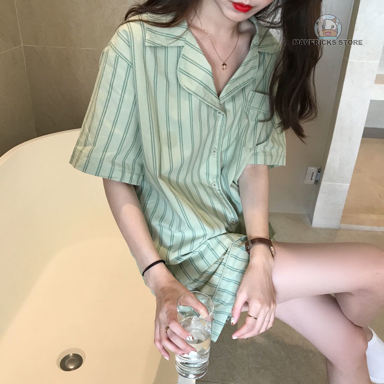 Set đồ ngủ ngắn tay kẻ sọc màu xanh lá thời trang mùa hè cho nữ