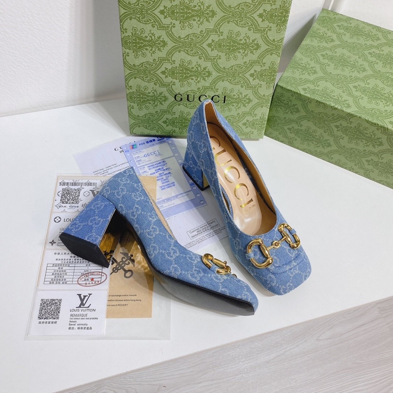 Giày sandal guốc guci jean hoạ tiết gót trụ fullbox