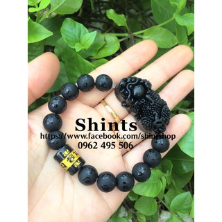 Vòng tay đá tỳ hưu đen vẩy rồng mix hạt núi lửa khắc chú size 10mm - 250k