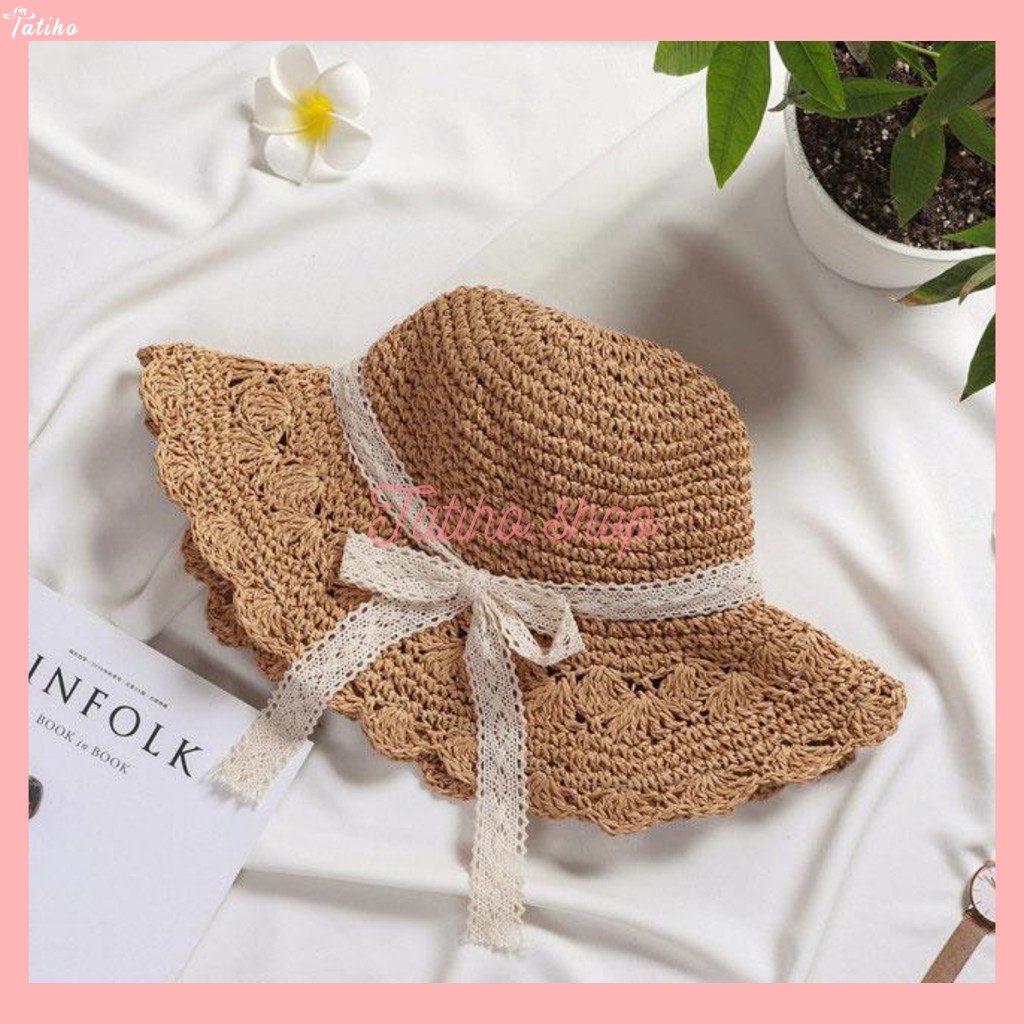 [Hàng Xịn,Giá Tốt] Mũ Cói, Nón Cói Vành Rộng Phối Dây Ren Nơ Đi Biển Rento Phong Cách Nhật Bản - Mã NC009