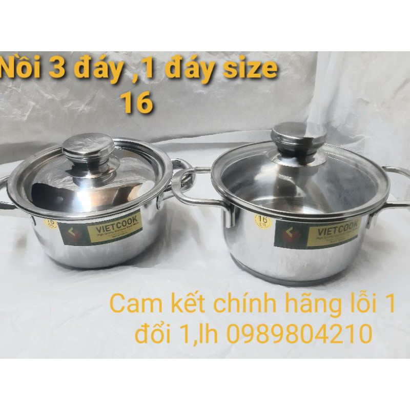 Nồi inox đun bếp từ size 16,nồi 1 đáy 3 đáy nắp kính nắp inox,Nồi inox bếp từ size 16 Vietcook.CAM KẾT CHÍNH HÃNG