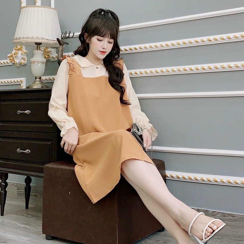 Váy công sở cổ sen yếm liền thân, đầm bầu thiết kế dáng xinh giá rẻ chất lượng dáng dài, yếm liền dài tay bo chun VYL289