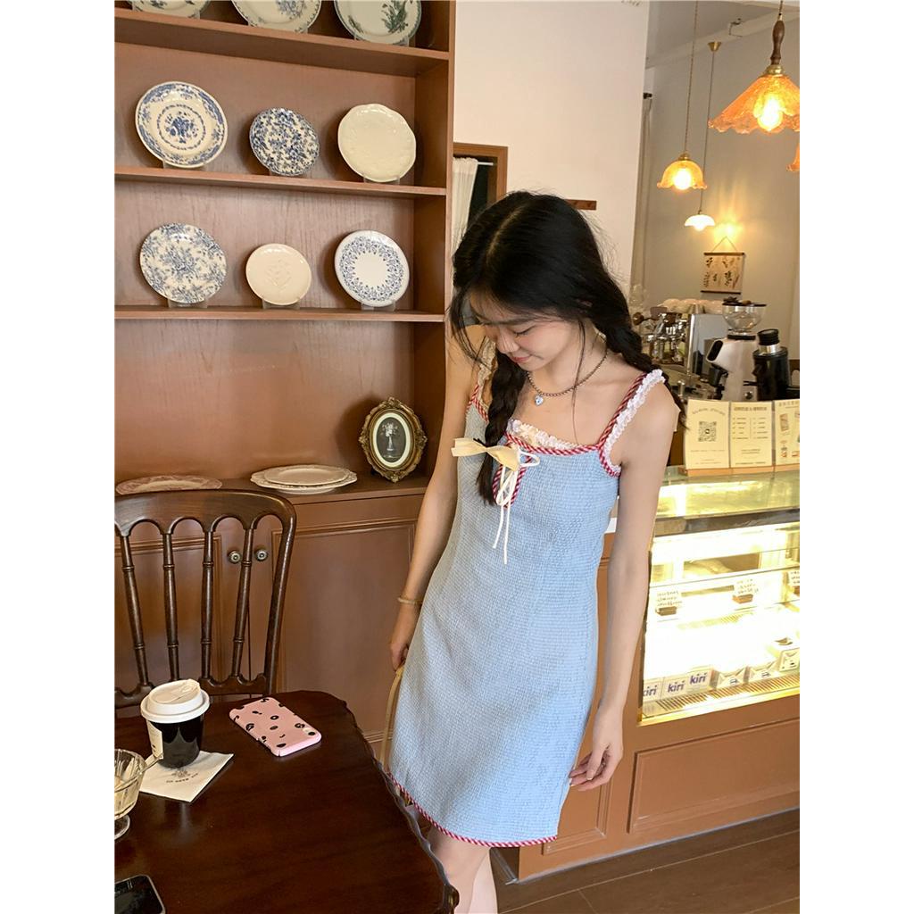 Đầm Dây Vải Dệt Kim Phối Ren Màu Sắc Tương Phản Thời Trang Nữ 63305