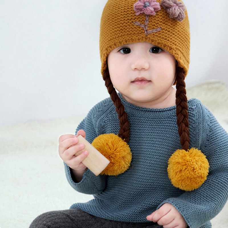 Mũ Len Trùm Đầu Đính Hoa Cho Bé Gái