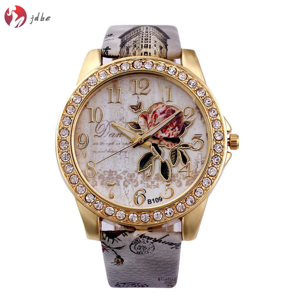 ✿JDBE✿ Women Lady Girl Wrist Quartz Watch Round Rose Pattern Printing Fashion Birthday Gift