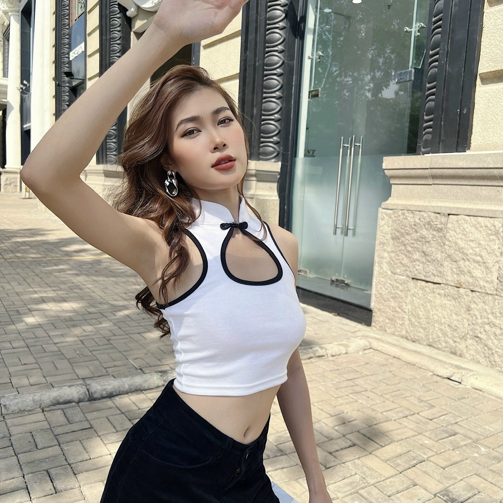 Áo croptop nữ body TOPTIFY sát nách khoét ngực cổ tàu viền màu Say Yes Top AC236 | WebRaoVat - webraovat.net.vn