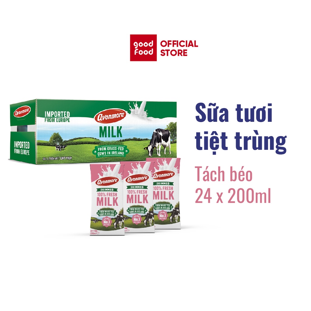 Thùng 24 hộp Sữa tươi tách béo tiệt trùng (không đường) Avonmore UHT Skimmed Milk 200ml giảm cân giữ dáng