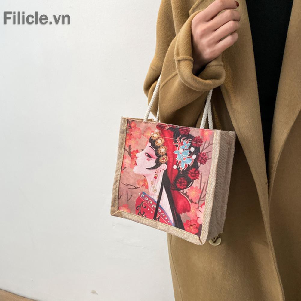 túi Cartoon Peking Opera Printed Handbag Women Canvas Big Capacity Shoulder Bag