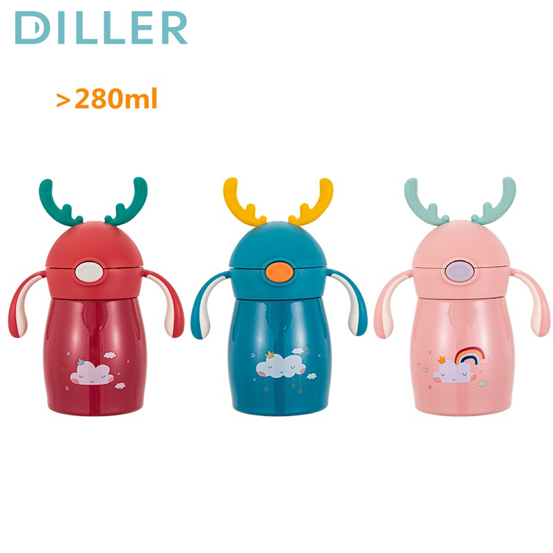 Bình Nước Diller 8952 Từ Thép Không Gỉ 316 280ml Với Tay Cầm Silicon Chống Tràn Có Ống Hút Cho Bé