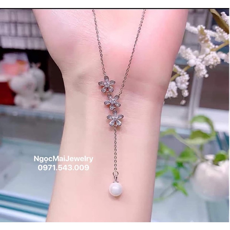 Dây chuyền nữ bạc ta Ngọc Mai Jewelry 3 bông hoa dáng thả mix trai xinh xắn