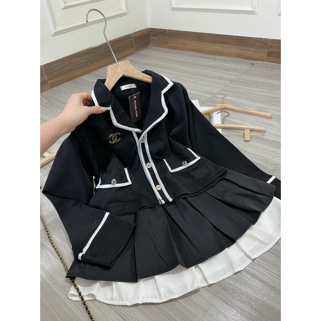 Set váy nữ viền kẻ trắng