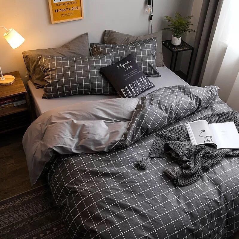 Bộ Chăn Ga Gối Cotton Poly Kẻ Dạ Chăn Chần Bông