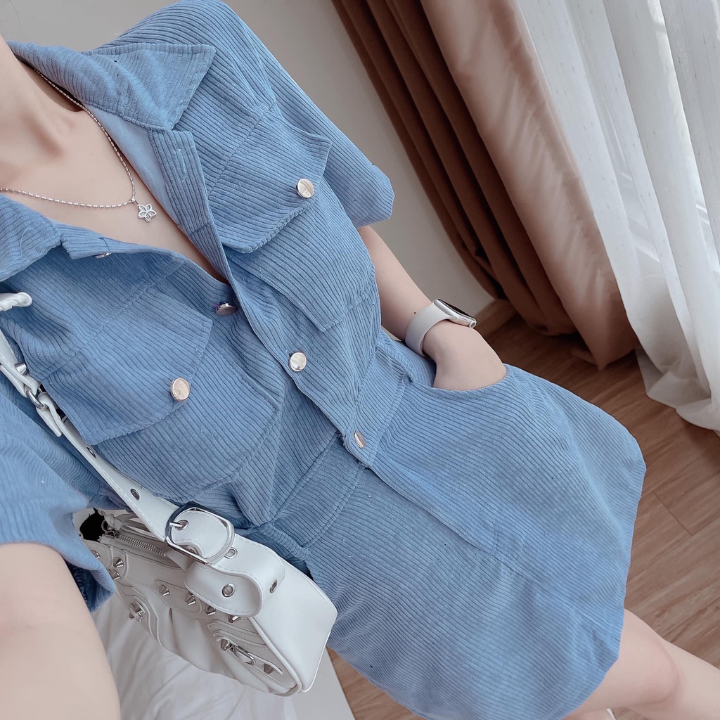Đầm váy nữ sơ mi tăm nhung đính nút siêu xinh, cute dành cho các nàng thơ đi chơi, dự tiệc