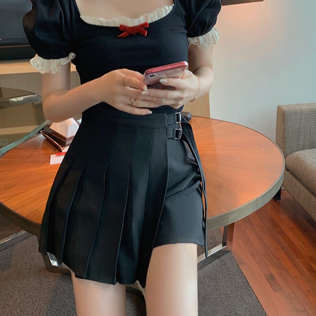 Xiaozhainv Đầm/chân váy/áo dệt kim ngắn tay cổ vuông phối ren thời trang Hàn Quốc | BigBuy360 - bigbuy360.vn
