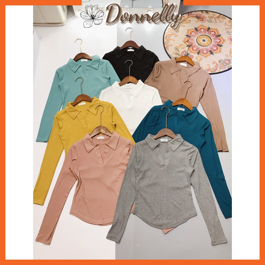 Áo Thun Nữ Tay Dài Donnelly, Áo Cổ Đức Vạt Bầu Chất Tăm Loại 1 Vải Cực Đẹp - 025