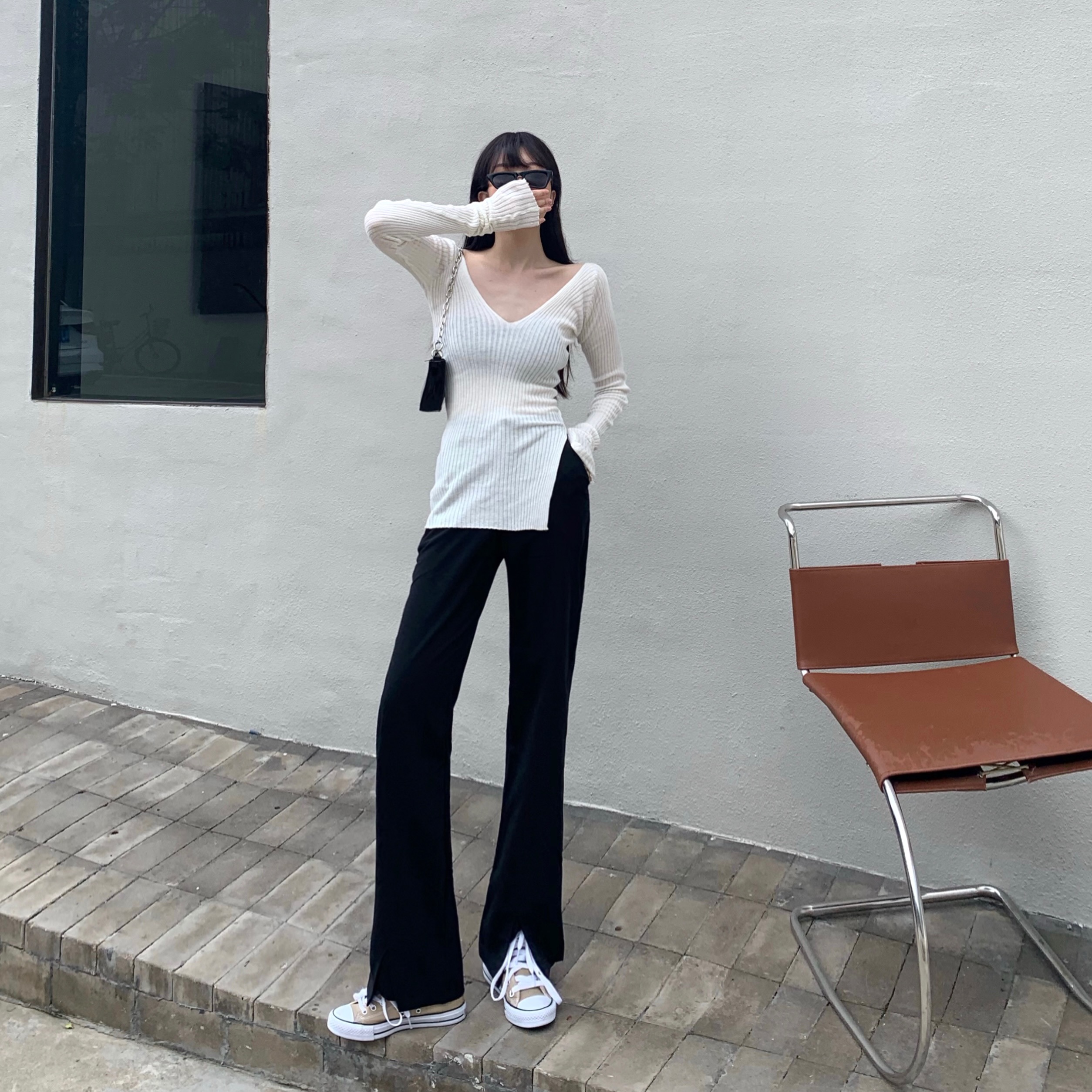 Quần Xiaozhainv thiết kế ống rộng xẻ tà phong cách Hàn Quốc trẻ trung cho nữ | BigBuy360 - bigbuy360.vn