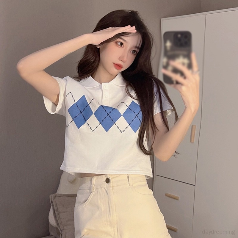 Áo Croptop Ngắn Tay Họa Tiết Hình Thoi Thời Trang Cho Nữ