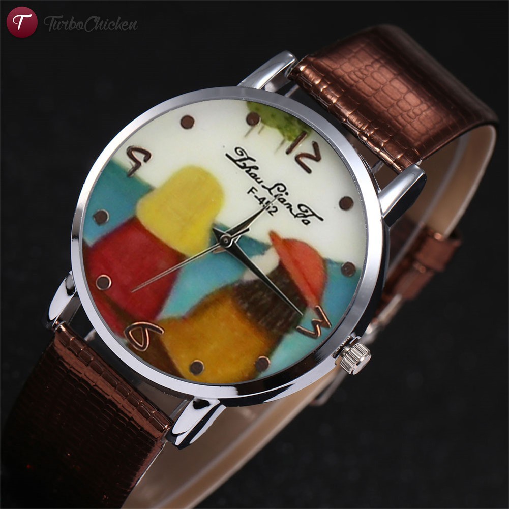 #Đồng hồ đeo tay# Fashion Couple Watches Simple Quartz Watch Leather Band Round Dial Cute Cartoon Printed Casual Watches