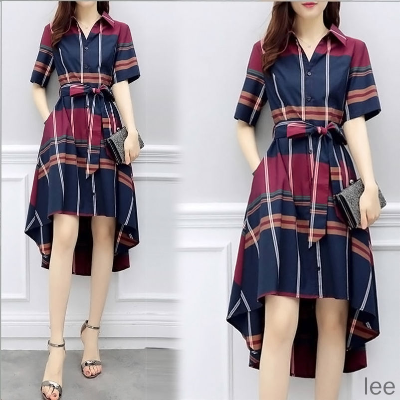 Đầm sơ mi tay ngắn dáng ôm họa tiết sọc caro thời trang xuân hè cho nữ