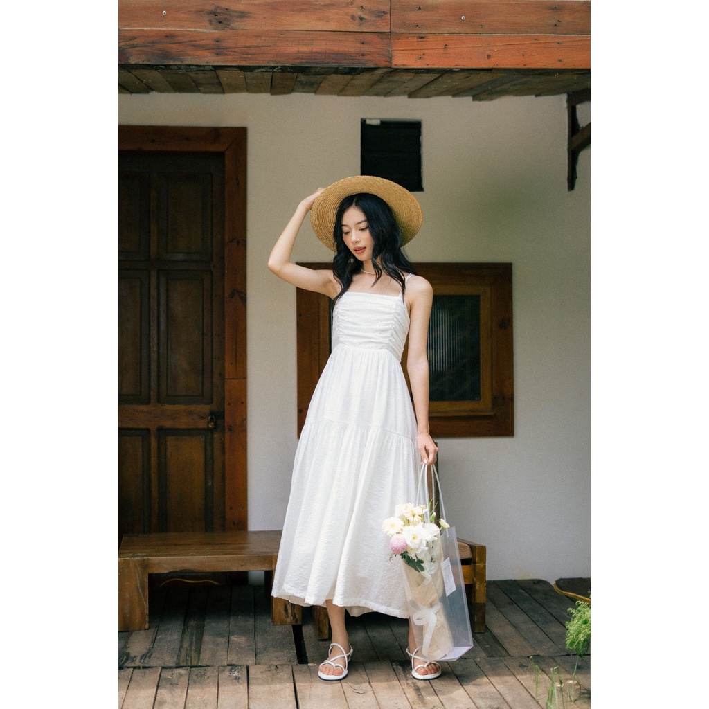 Váy 2 dây dáng dài nữ nhún ngực trắng MADELEN