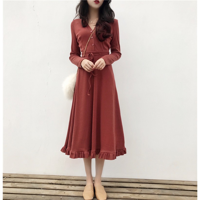 (Order-M) Ulzzang Váy len cổ V đuôi cá xòe thắt eo M035 HQ