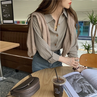 38471 Giản Dị Áo Sơ Mi Dài Tay Kẻ Caro Nữ Hàng Đầu