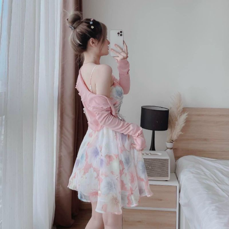 Set áo khoác tay dài + đầm xoè voan hoa 2 dây hồng - T1005